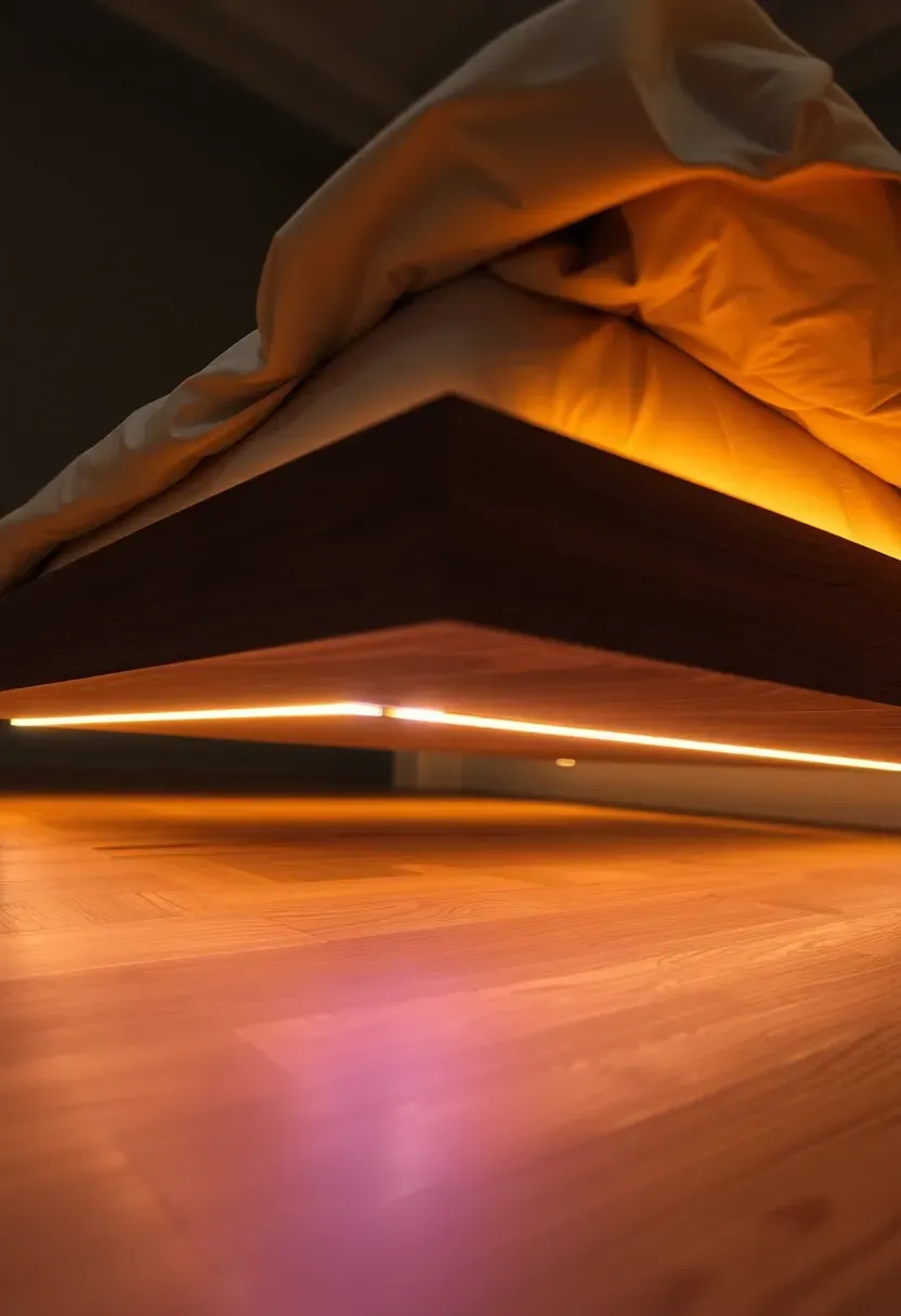 bedroom at night with warm LED strip lighting glowing beneath a floating platform bed frame