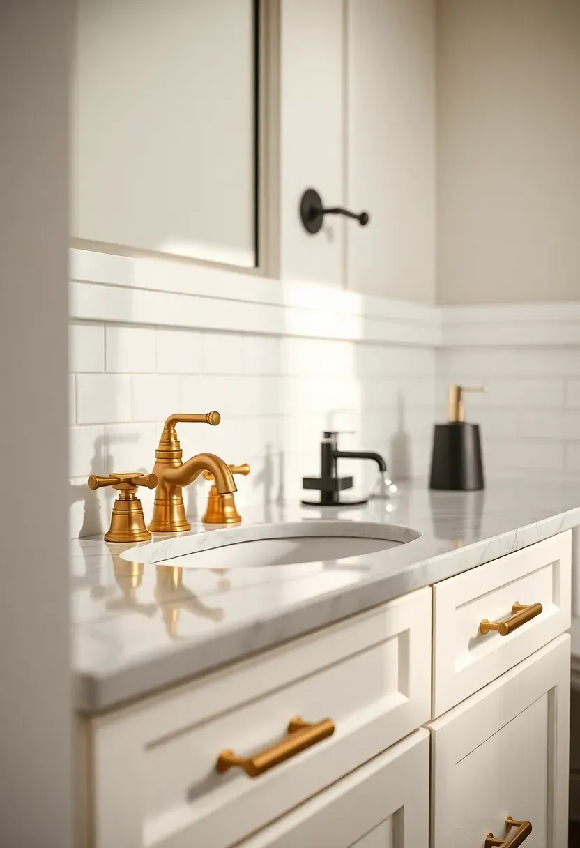 Bathroom with mixed metal and colored hardware on vanity and cabinets