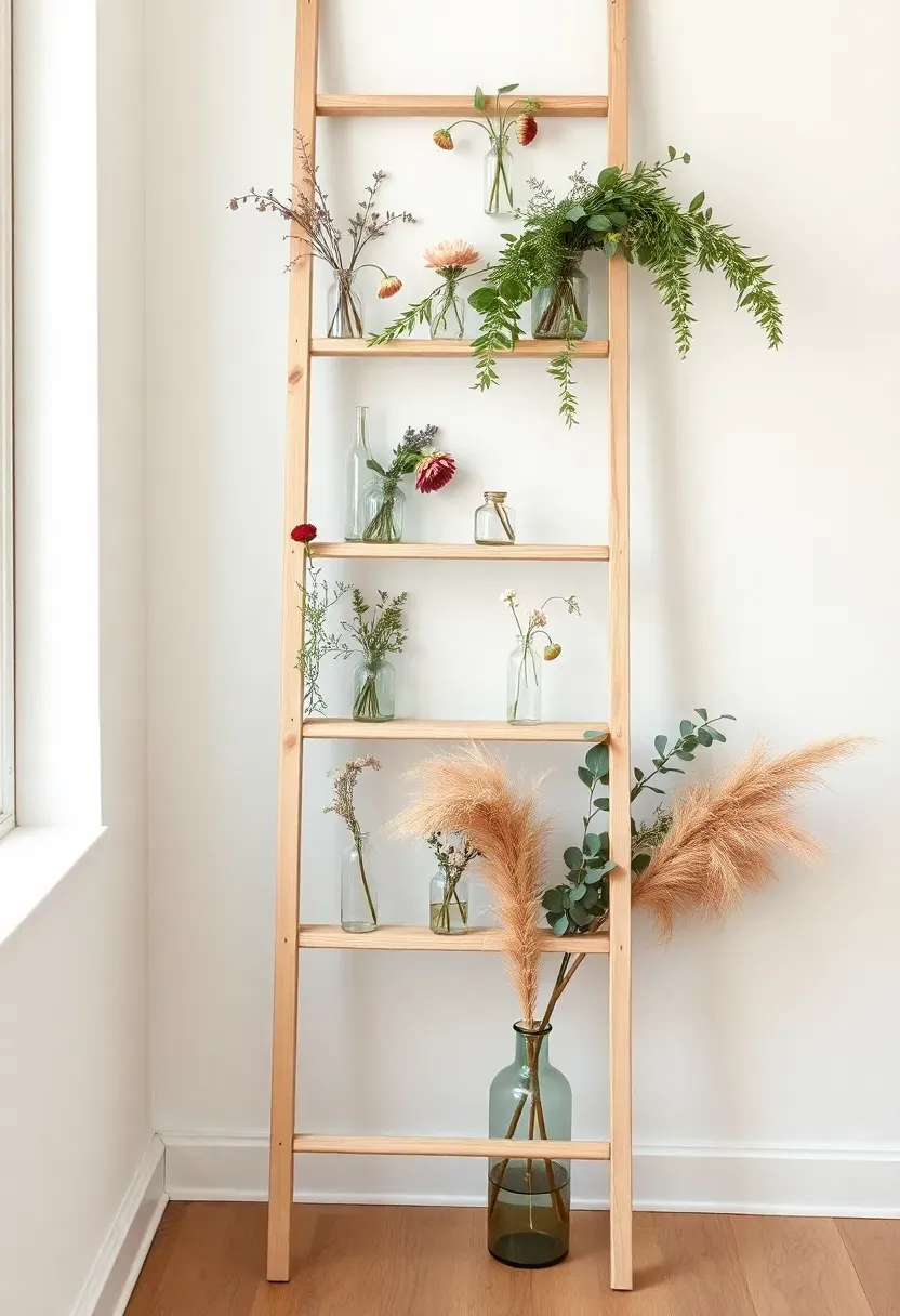 vertical whitewashed ladder shelf flower bar with bud vases of wildflowers on each rung