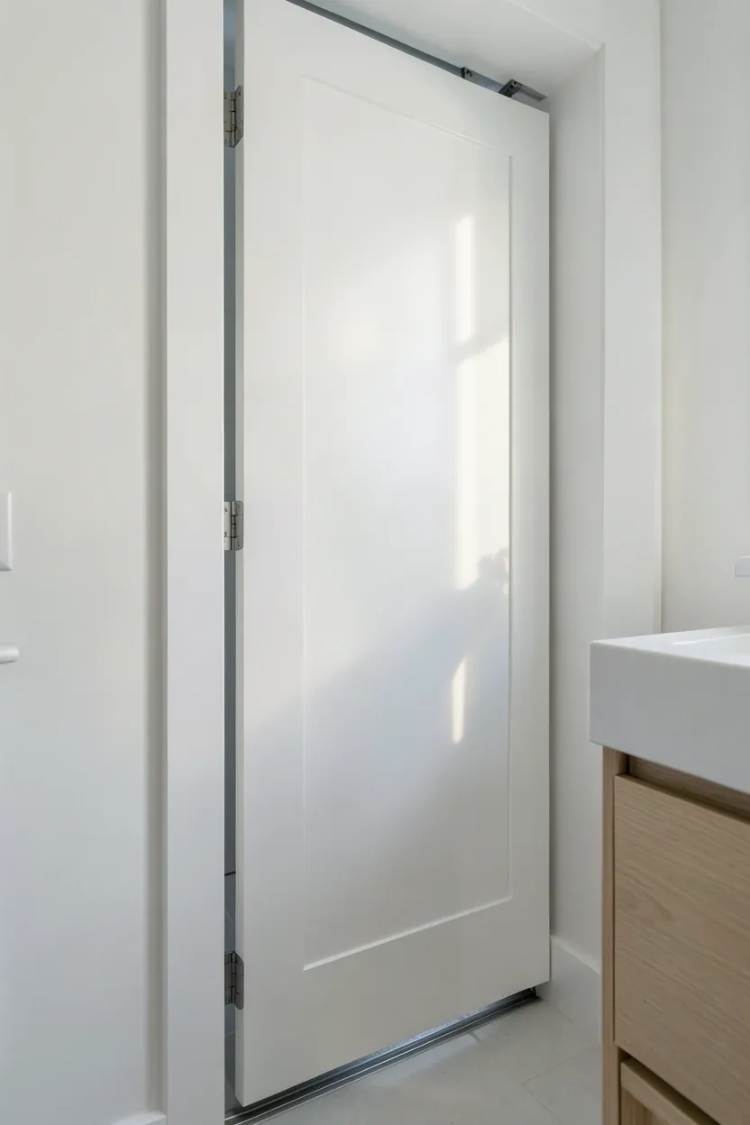 Modern sliding pocket door with visible hardware saving floor space in a small apartment bathroom
