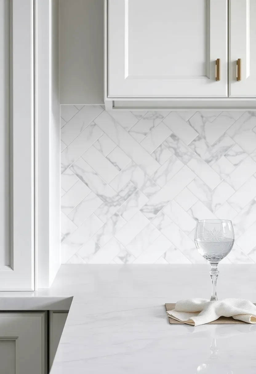 diamond pattern marble tile backsplash in white Calacatta with gray veining rotated 45 degrees in an elegant white kitchen