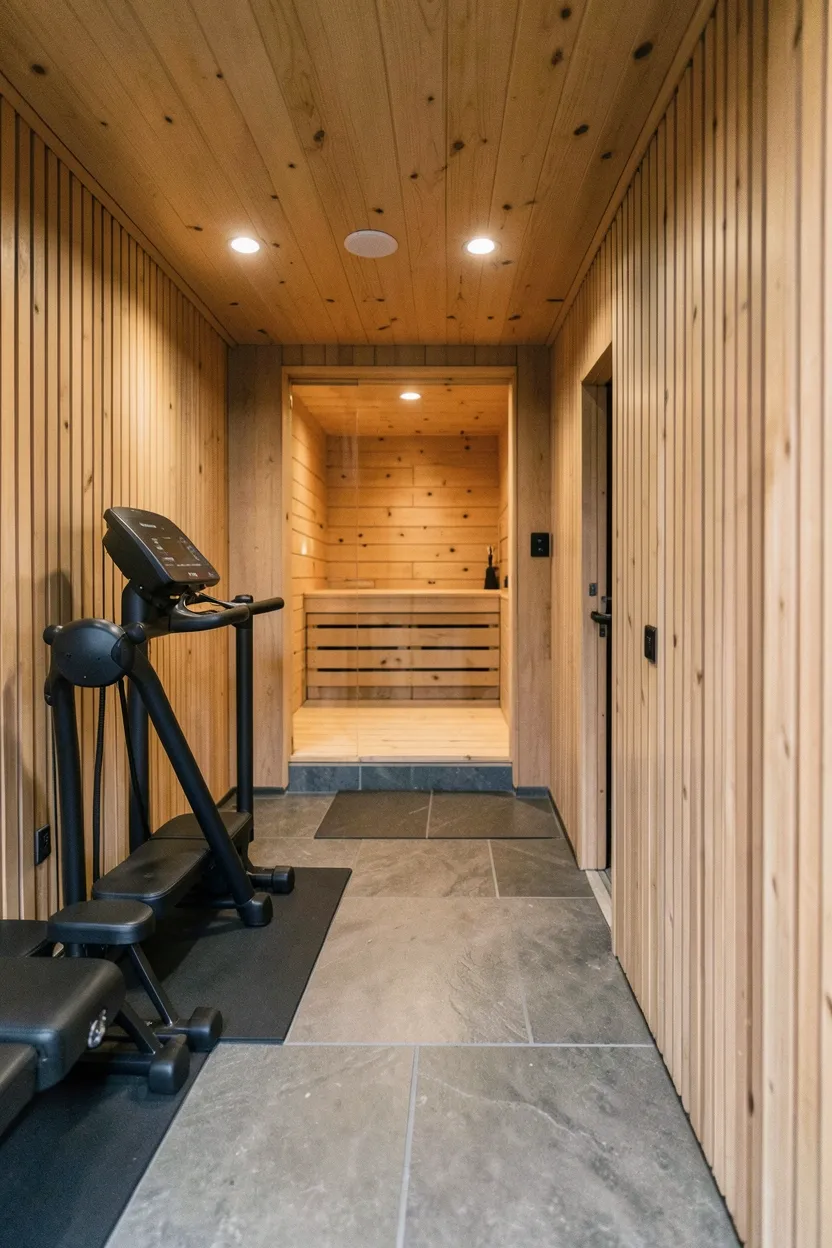 Spa-inspired home gym with vertical cedar wood paneling wrapping from workout zone into sauna interior, warm skylights overhead