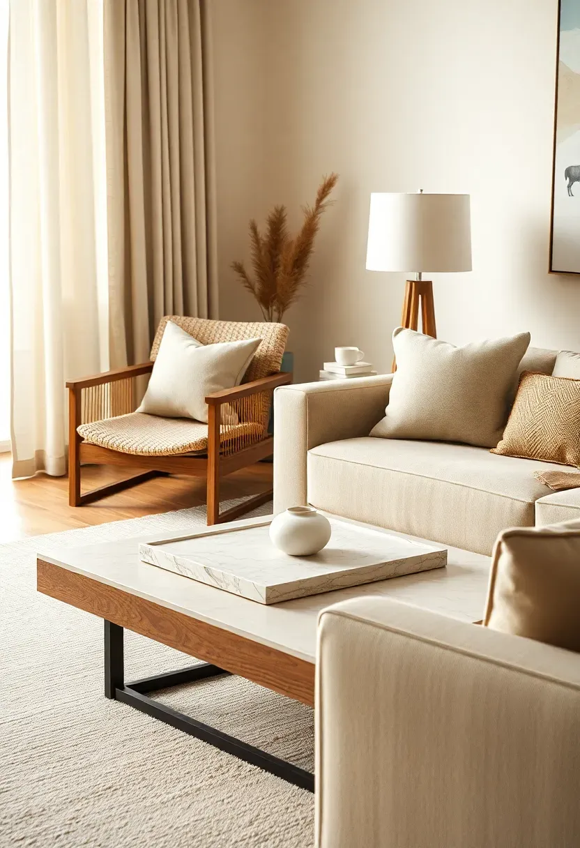 Travertine tray coffee table with layered textiles