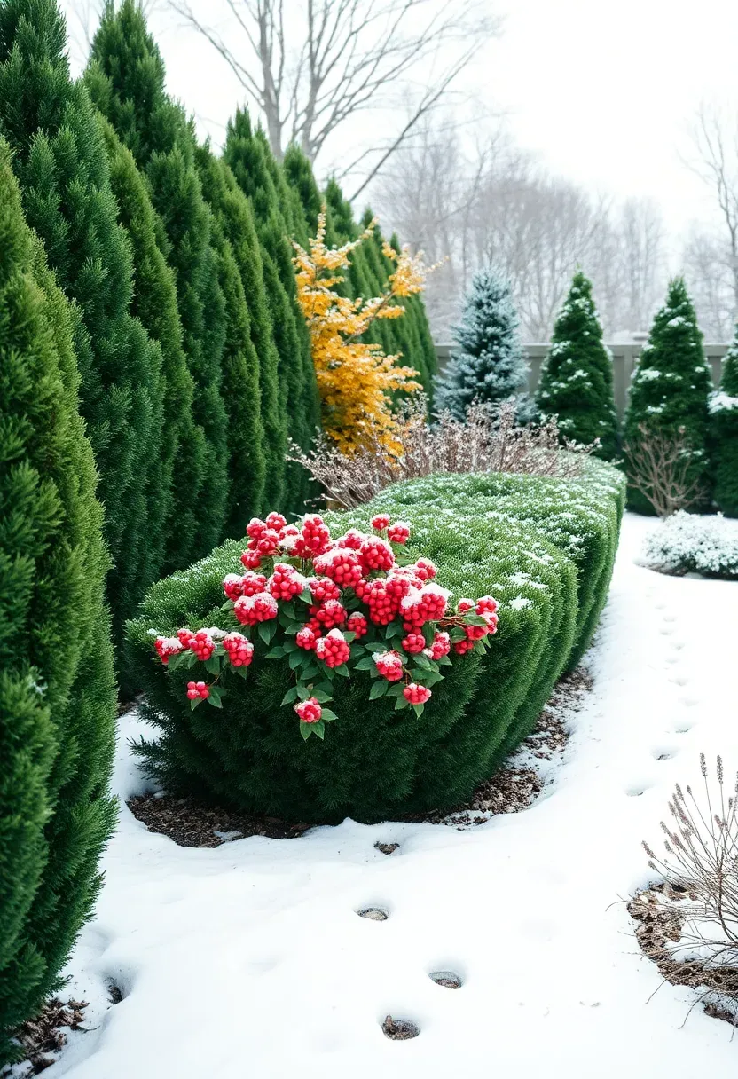 A backyard garden in winter with evergreen boxwood hedges, arborvitae, holly, and ornamental conifers providing green structure against snow
