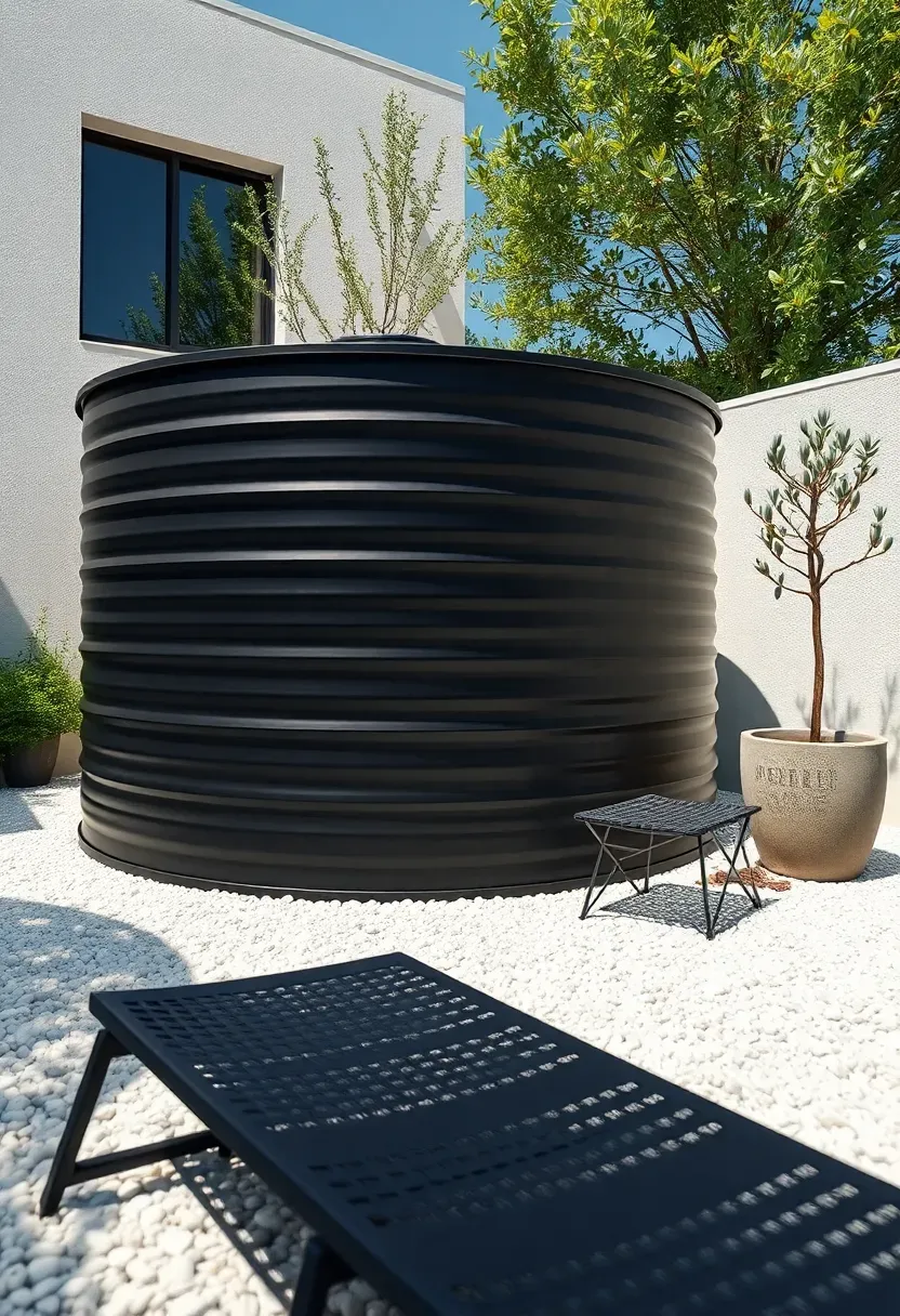 Matte black painted stock tank pool on a white pea gravel patio with minimalist outdoor furniture and potted olive trees
