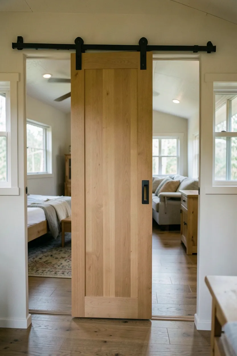 Natural wood sliding barn door divider in a tiny house separating the toddler sleeping area from the open-plan living space for nap time privacy