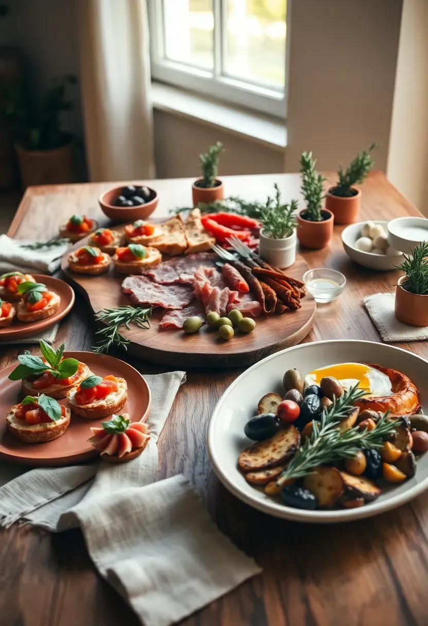 Mediterranean themed baby shower food spread with olive branches bruschetta and terracotta plates
