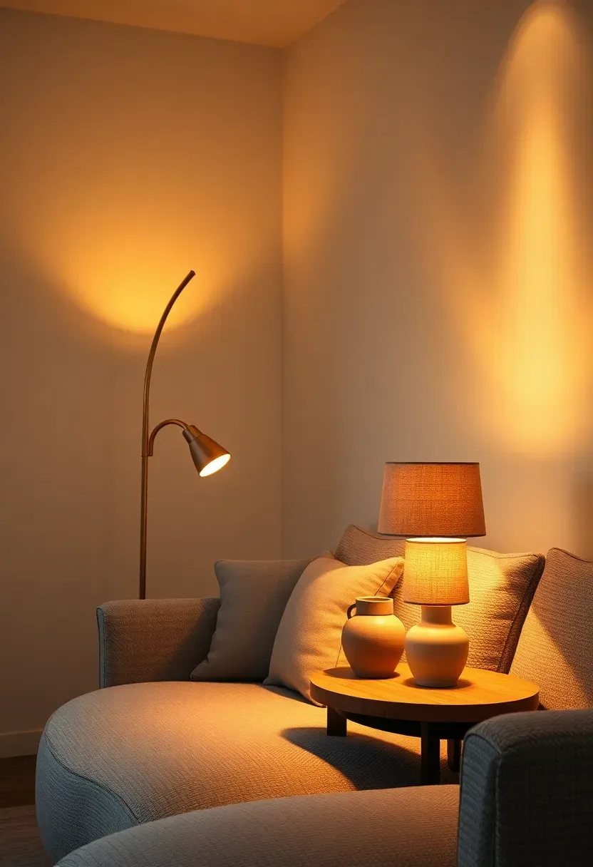 Modern living room with three light sources — floor lamp, table lamp and warm recessed lighting — creating layered ambient glow