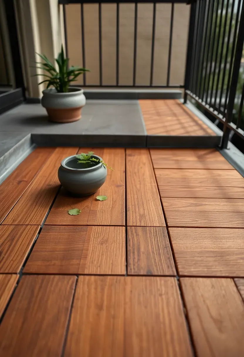 Interlocking wooden deck tiles installed on an apartment patio concrete floor with potted plants along the edge