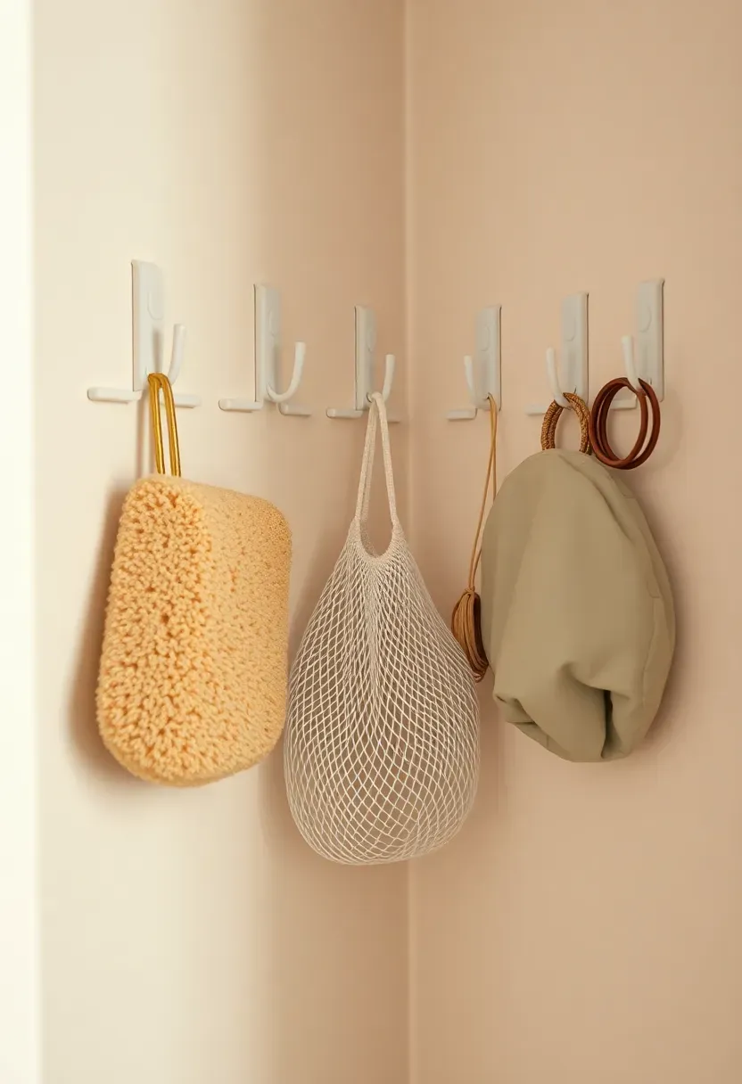 Command hooks arranged in a grid pattern on the inside wall of a bathroom closet holding loofahs hair ties and small bags