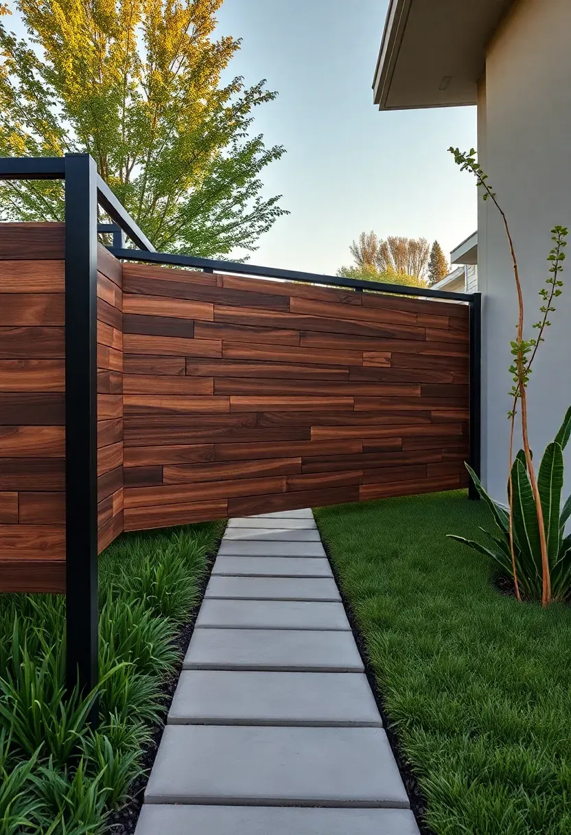 Modern mixed metal and wood privacy fence with horizontal ipe wood boards between black steel frame sections in a landscaped backyard