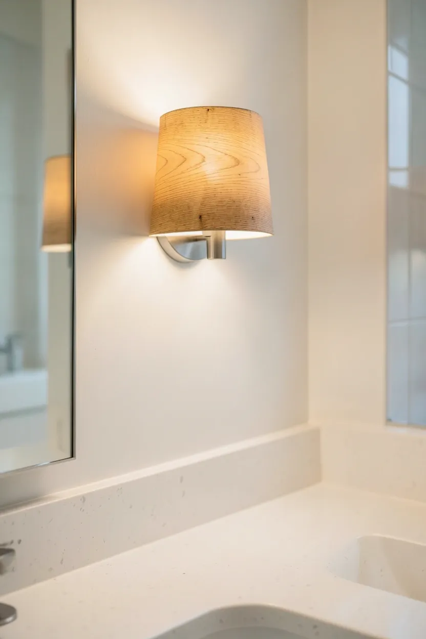 Light oak wooden ladder leaning against a white bathroom wall in an apartment holding folded towels on each rung, freestanding renter-friendly storage