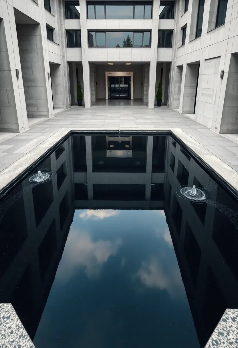 Elegant courtyard reflecting pool with symmetrical design and minimalist fountains