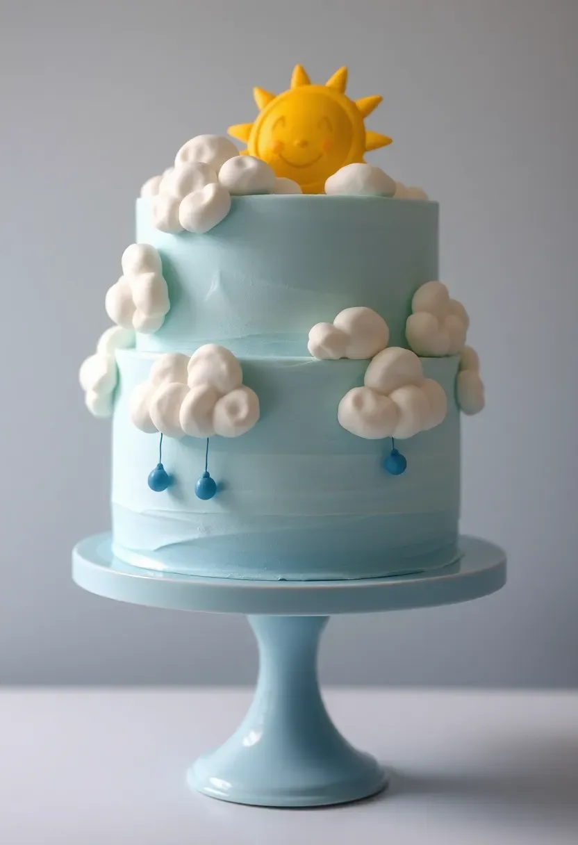 adorable baby shower cake decorated with fluffy white fondant clouds blue fondant raindrops and a smiling sun topper on a light blue buttercream background