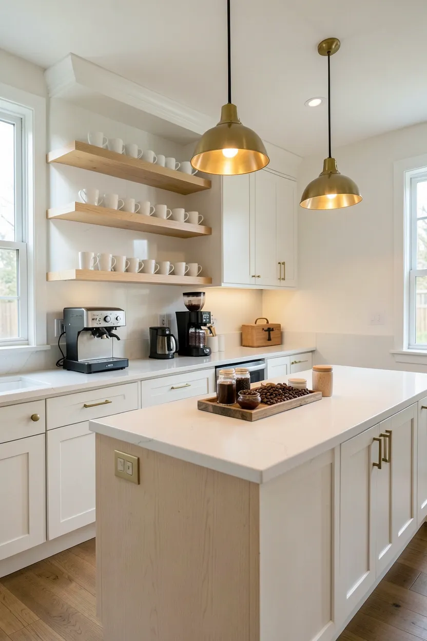 Hyper-realistic wide shot of a modern kitchen with dedicated coffee station. White oak floating shelves display neatly arranged white ceramic mugs in various sizes. Coffee maker sits on white quartz countertop dedicated to coffee preparation. Wooden tray holds coffee beans and accessories. White oak shaker cabinets surround coffee station area. Large island in same white oak with waterfall edge extends from main counter. Brass hardware throughout. Three brass pendant lights provide task lighting over coffee area. Warm ambient lighting. Natural light from windows. Clean organized surfaces. No text, no logos, no watermarks.</p>