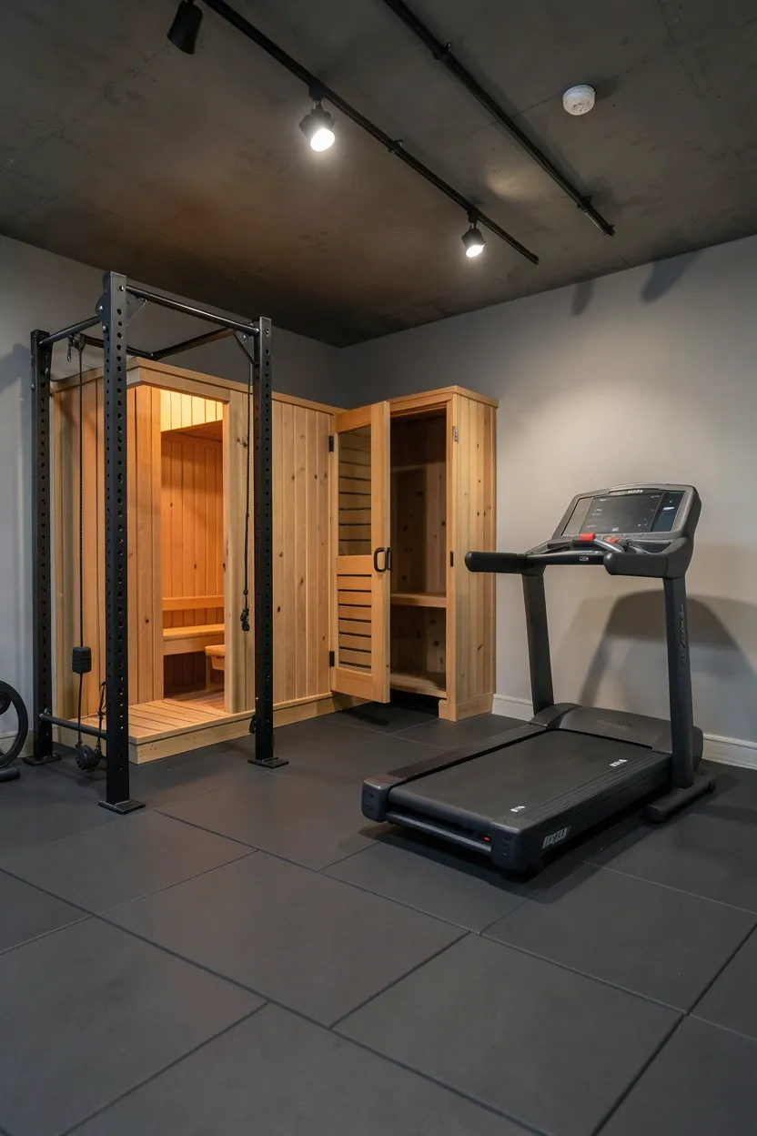 Basement home gym with cedar wood sauna corner, power rack, treadmill, and color-changing LED track lighting