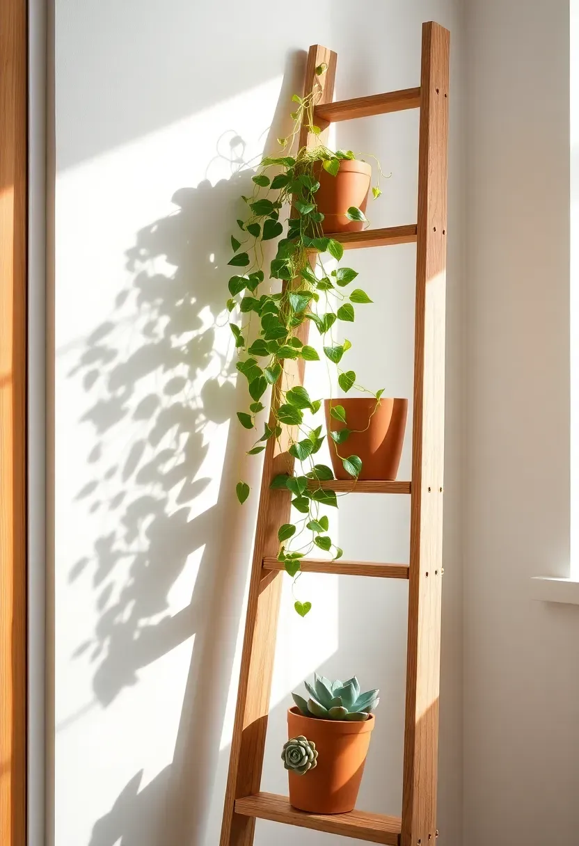 wooden ladder leaning against sunroom wall used as plant display shelf with trailing plants