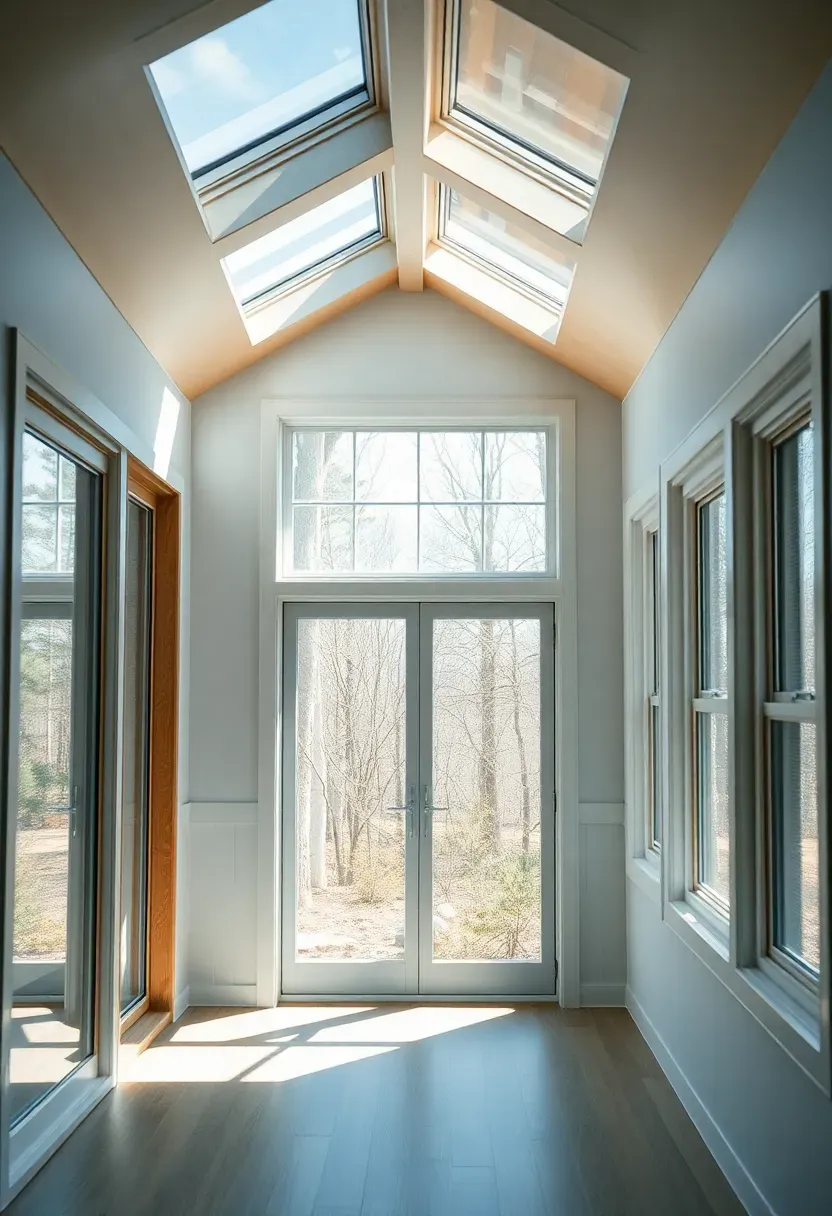 Hyper-realistic 3/4 view interior of a tiny house with abundant natural daylighting from multiple windows including south-facing glass and clerestory windows above. Materials: light-colored interior walls reflecting daylight, large windows, minimal window treatments. Bright naturally illuminated space, sun-drenched atmosphere. Passive daylighting design, energy efficiency. Shallow depth of field, outdoor shadows visible. No text, no logos.</p>