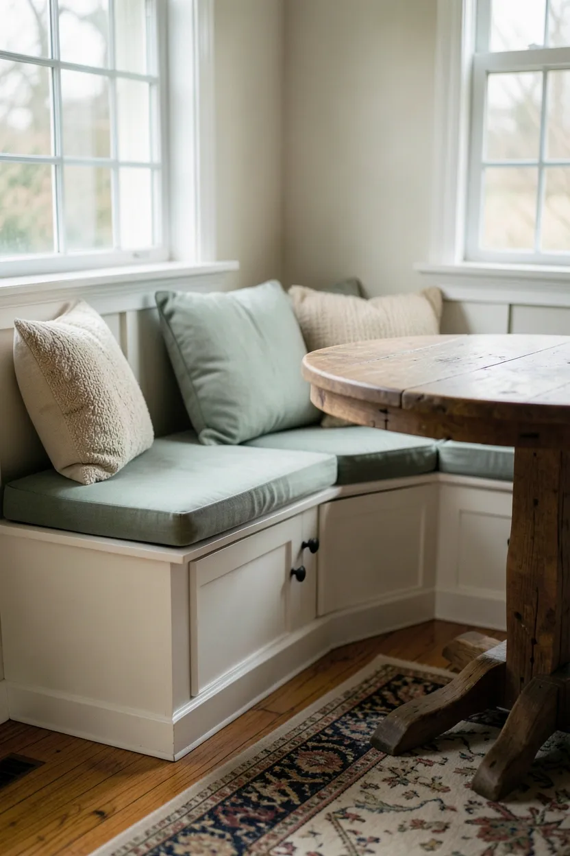 Cozy farmhouse kitchen breakfast nook with built-in corner bench in cream linen cushions and storage drawers below
