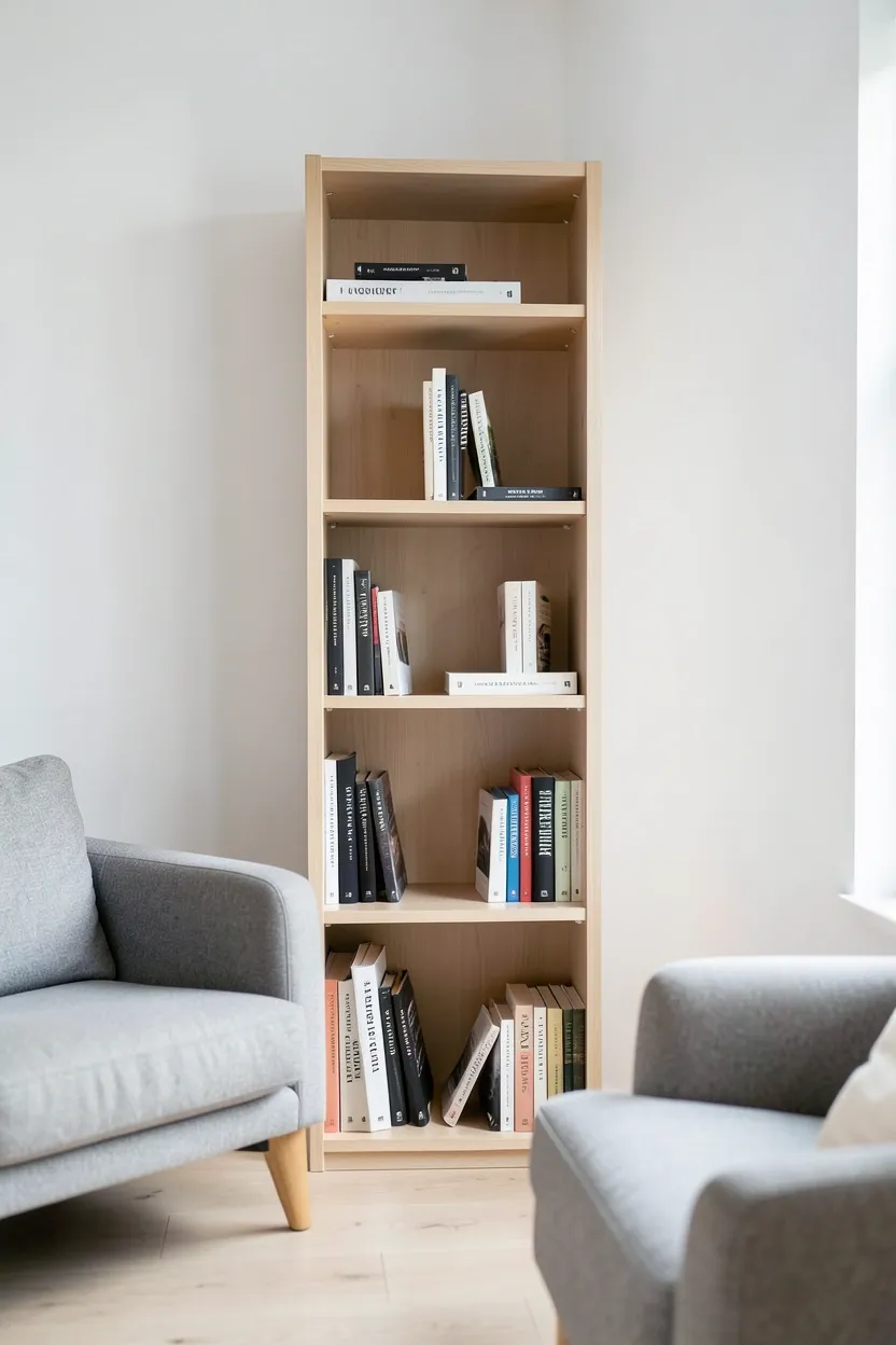 Tall narrow birch bookcase against a white wall storing books and plants in a small Scandinavian living room