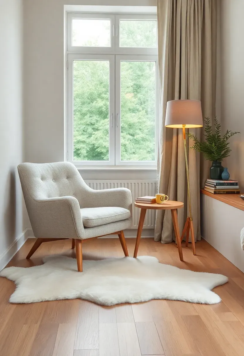 Hyper-realistic corner shot of a Scandinavian reading nook. Light beige boucle armchair with tapered wood legs, small round side table in light oak, brass floor lamp with fabric shade. White sheepskin rug on light oak floor. Warm white walls, window with linen curtains in background. Stacked book and mug on table. Materials: boucle fabric, oak wood, brass, sheepskin. Soft natural light from window, warm ambient glow from lamp. Cozy atmosphere. No text, no logos, no watermarks.</p>