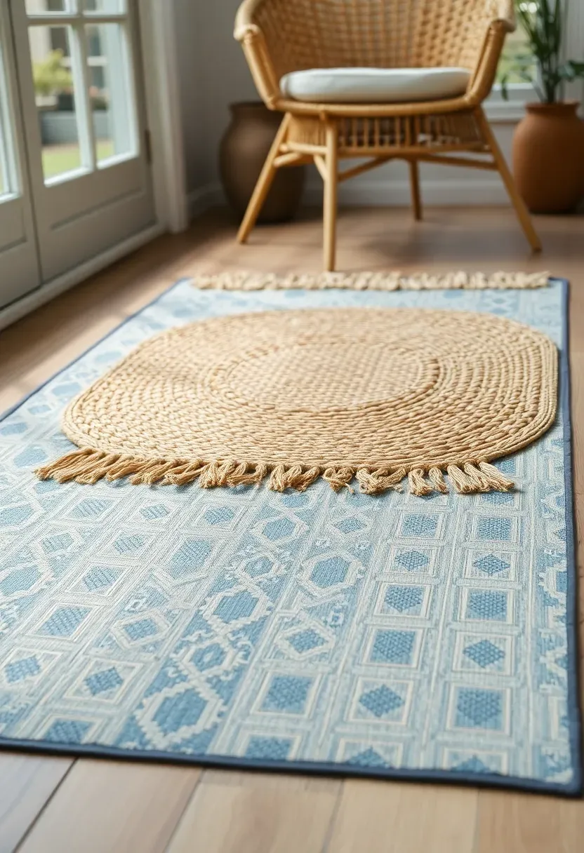 Small sunroom floor with a patterned outdoor rug in muted blue and cream layered under a smaller natural fiber indoor rug, creating depth and texture, with a wicker chair leg visible at the edge