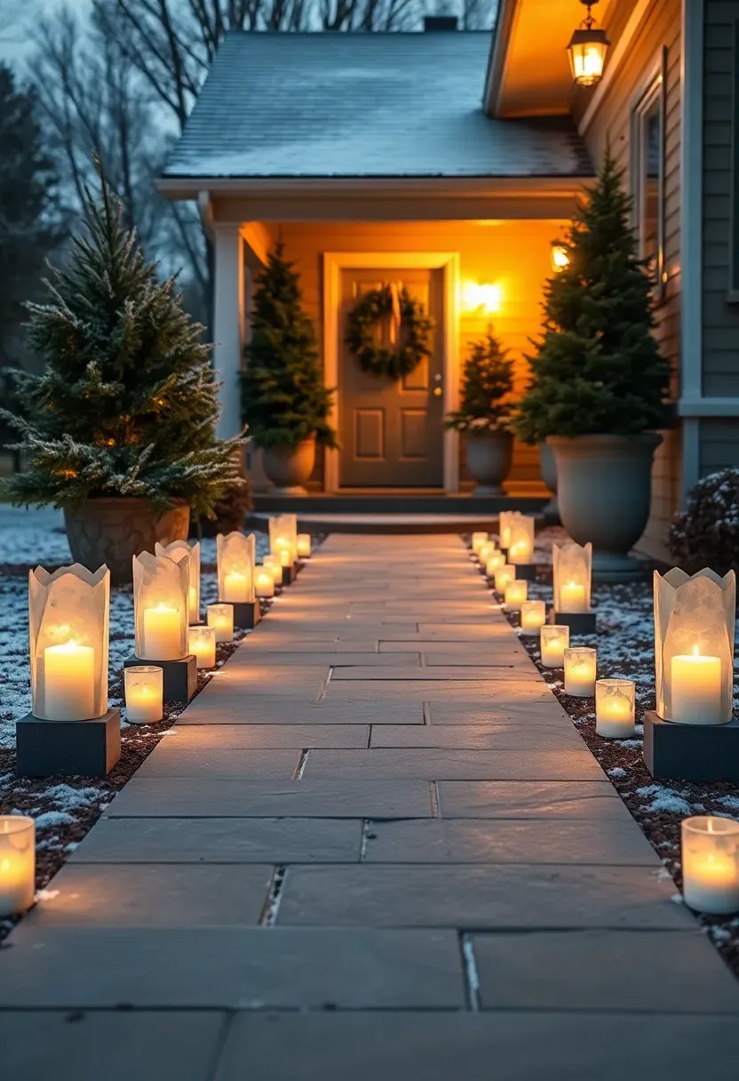 Hyper-realistic wide shot of a front walkway leading to a porch at dusk. Paper luminarias with weighted sand bases line both sides of the stone path, each containing a battery-operated LED pillar candle emitting warm white light. The illuminated path leads toward a covered porch with a front door visible in the distance, flanked by large planters with evergreen arrangements. Fresh snow dusts the ground and evergreens. Soft golden light from luminarias casts gentle shadows on the path. Visible front yard with dormant grass. No text, no logos, no watermarks.</p>