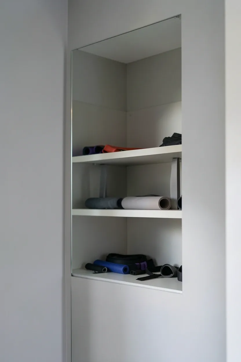 Architectural alcove converted into a mini gym storage niche with full-wall mirror and recessed shelving for equipment — space-saving home gym idea