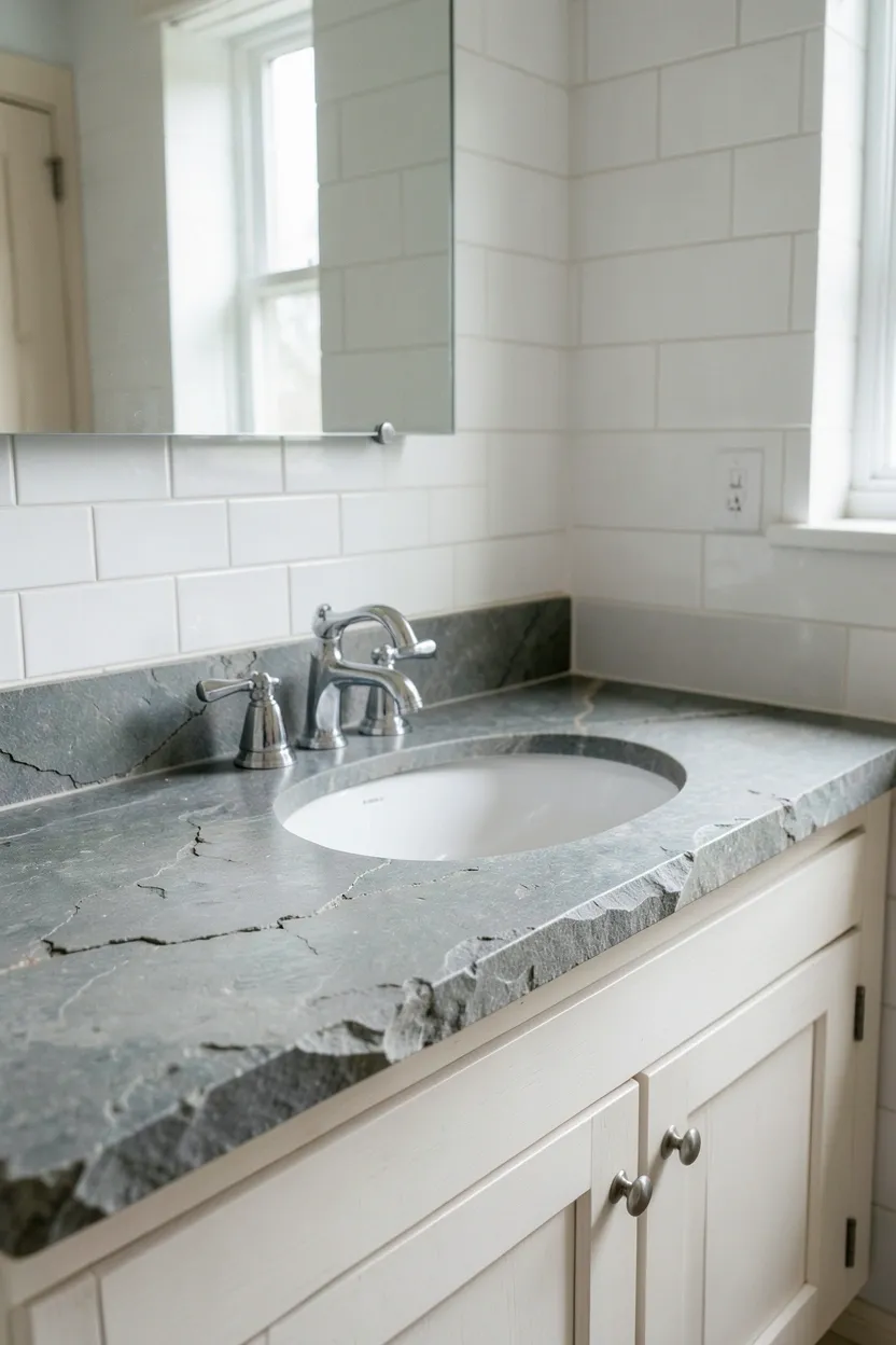 Hyper-realistic eye-level photograph of a rustic bathroom vanity featuring natural slate stone countertop with cleft texture and subtle gray veining, white wood cabinet below, white undermount sink, chrome faucet, white subway tile walls. Natural light illuminating stone texture. Materials: natural slate stone, white wood, white ceramic sink, chrome fixtures, white ceramic tiles. Natural stone countertop. Authentic cleft texture. No text, no logos, no watermarks.</p>