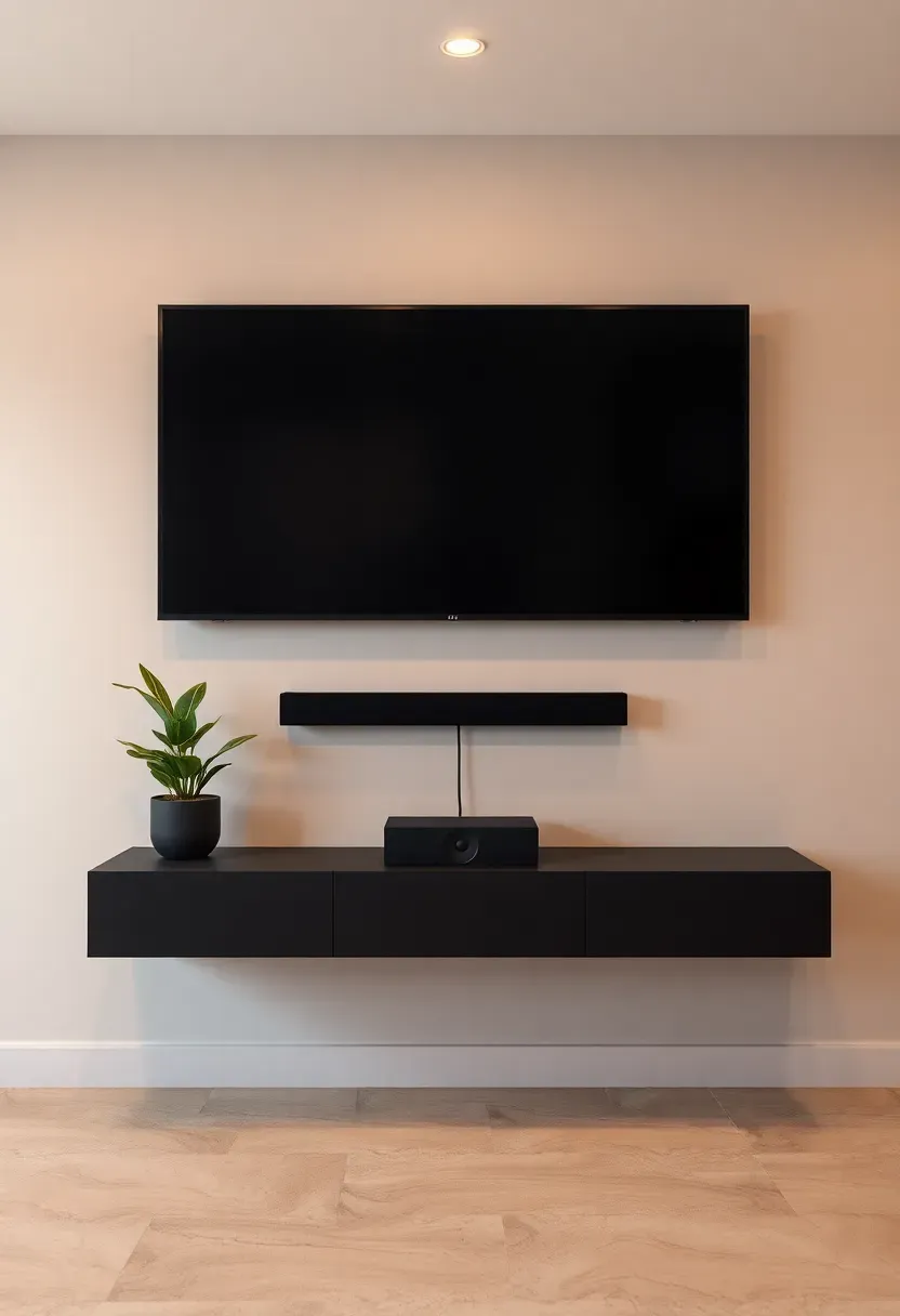Sleek low-profile floating media console in matte black mounted below a wall television in a basement, with cable management channels visible from the side, and a small potted plant on top