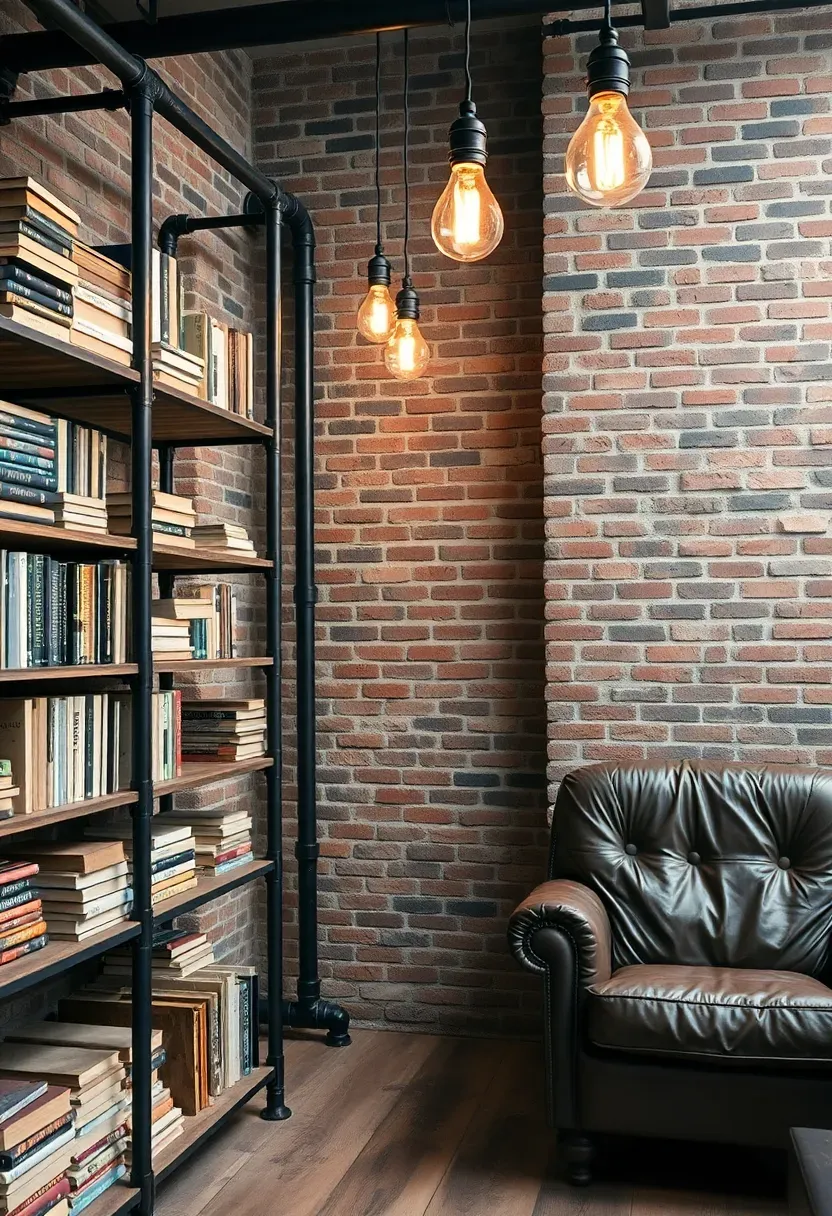Hyper-realistic 3/4 view of an industrial-style library with black iron pipe shelving and reclaimed wood shelves. Books stacked on rustic wood planks, exposed brick wall behind, vintage Edison bulb pendant lights hanging at different heights. A distressed leather armchair sits nearby. Materials: black iron pipe, weathered oak planks, exposed brick, leather. Warm amber light from Edison bulbs creating dramatic shadows on brick. Raw authentic mood like a converted warehouse loft. Sharp details, visible pipe fittings, brick texture, no clutter.</p>