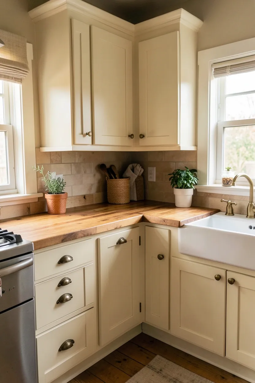 Maple butcher block countertops contrasting with white shaker cabinets in a warm small farmhouse kitchen