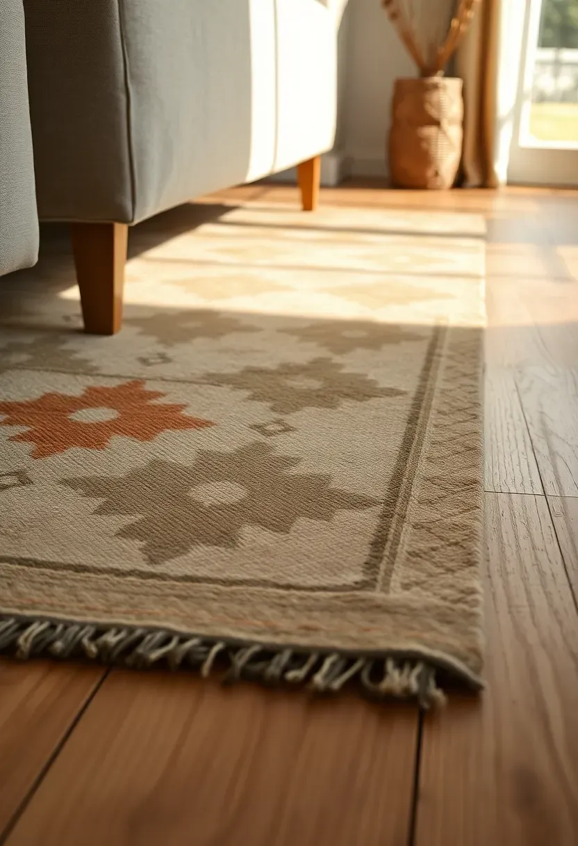 Neutral-toned vintage kilim rug layered over wide plank oak floors in a sunny modern shabby chic living room