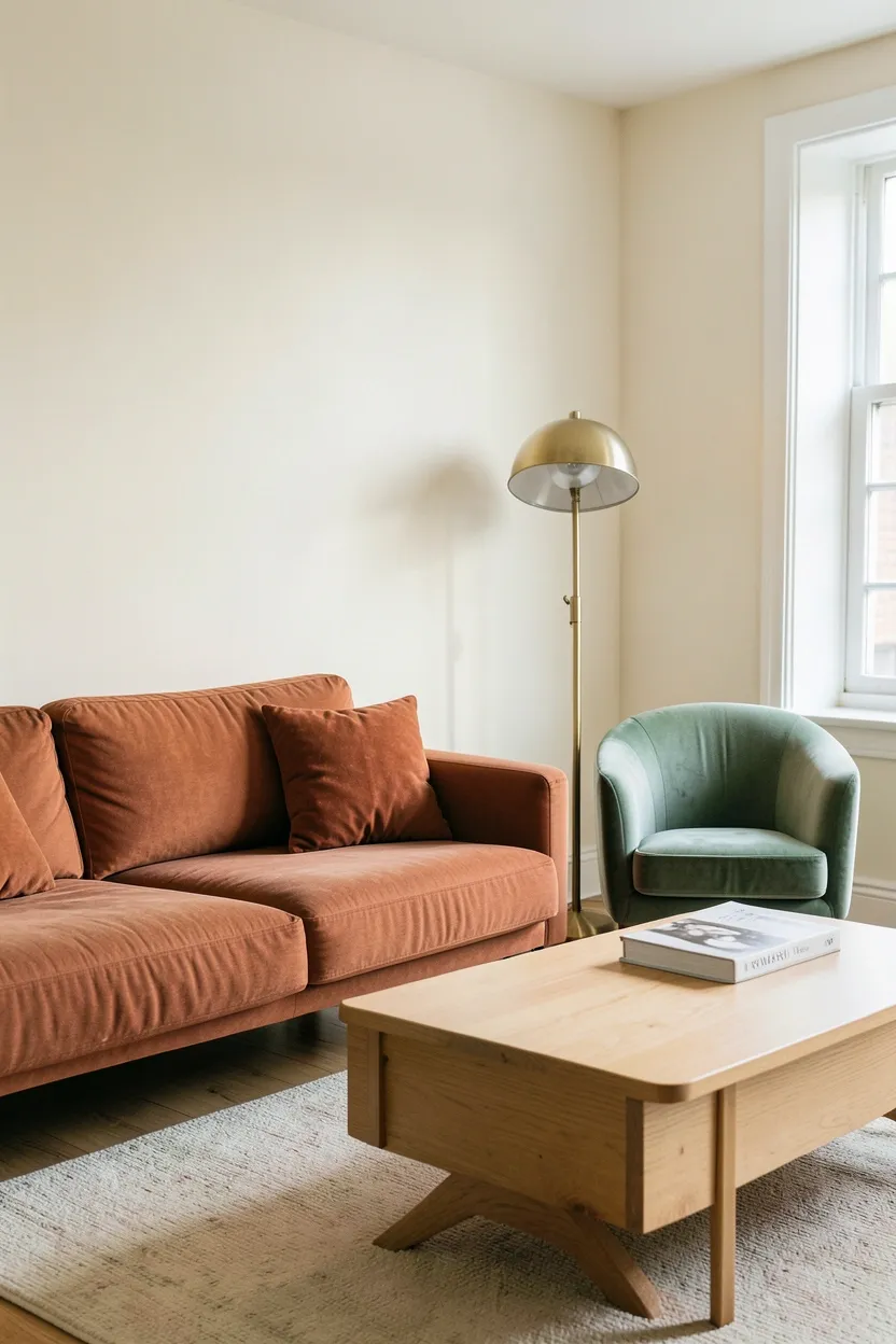 Rental living room with terracotta and mustard retro accent colors on cream walls and contemporary sofa