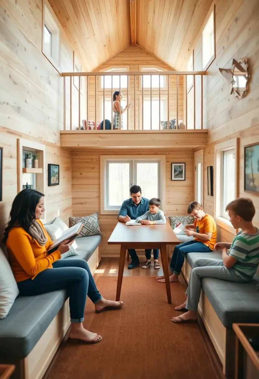 Hyper-realistic interior view of tiny house living area showing family of four engaged in different activities in shared space: parents reading on built-in seating, children doing homework at convertible table, visible family communication and interaction. Materials: light wood interior, built-in seating with cushions, table that serves multiple purposes, loft railings visible above, warm area rug defining living space. Warm natural light from windows creating family-friendly atmosphere. Shallow depth of field focusing on family members engaged in separate but shared activities, showing how tiny houses facilitate family togetherness. Family connection and communication aesthetic. No text, no logos, no watermarks.</p>