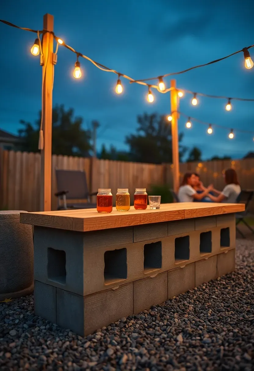 Simple backyard bar made from cinder blocks and wooden planks, string lights, casual gathering with drinks, gravel ground, relaxed evening atmosphere