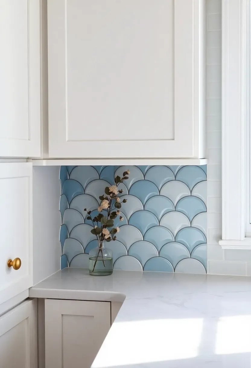 soft blue scallop fan tile backsplash in a coastal-inspired white kitchen with quartz counters and brushed gold hardware