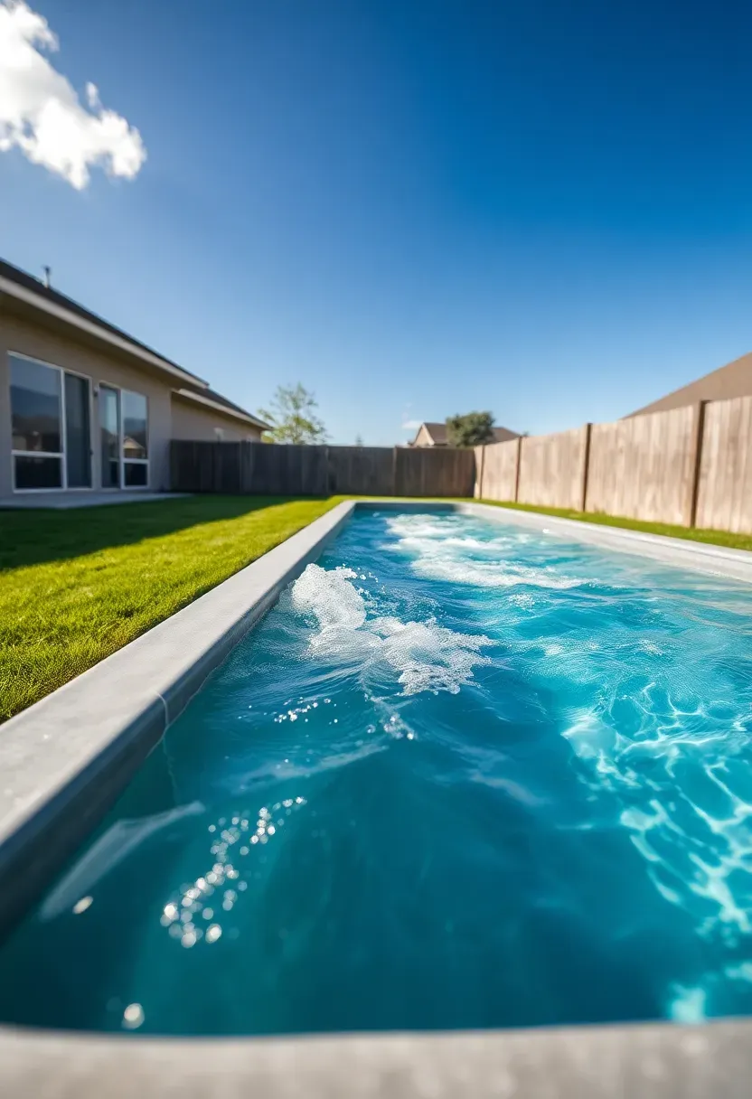 A long rectangular swim spa installed in a backyard with a separate hot temperature zone on one end and a lap swimming area on the other end