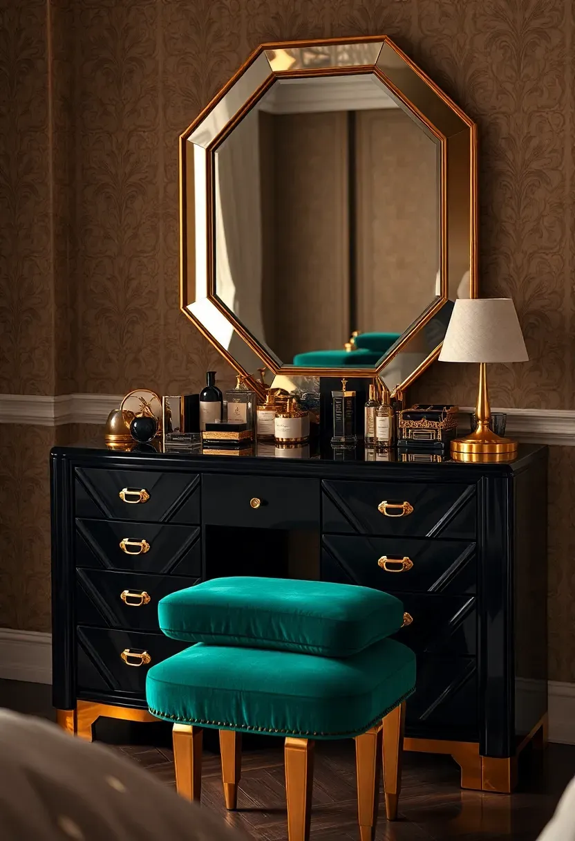 glamorous Art Deco inspired vanity with geometric patterns and luxe metallic finishes