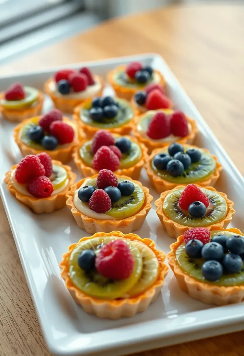 assorted mini fruit tarts with pastry cream filling topped with kiwi slices raspberries blueberries and apricot glaze on a white ceramic platter