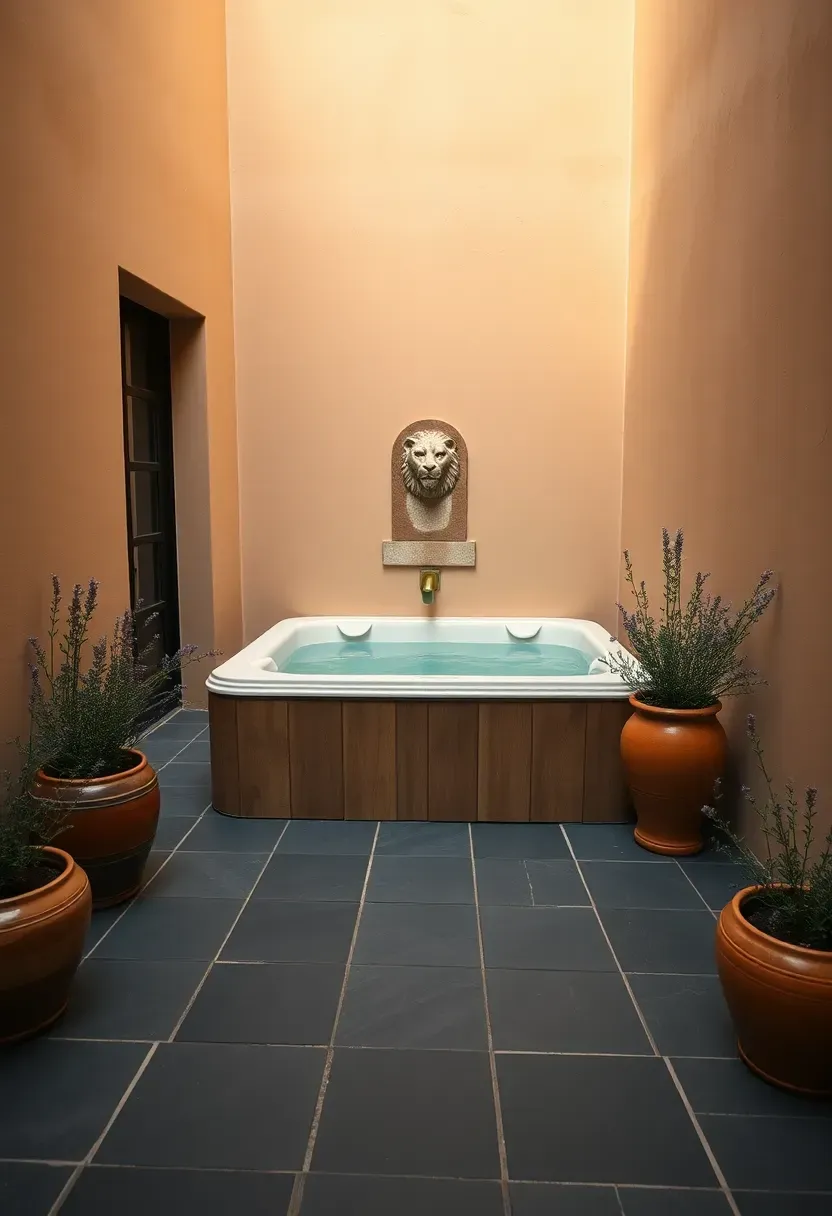 A small enclosed courtyard with a square hot tub surrounded by tall stucco walls and Mediterranean-style potted plants and a wall fountain