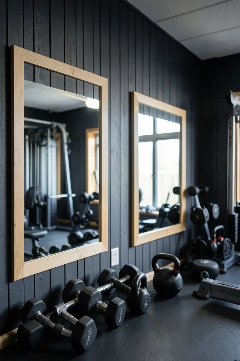 Workout room with dark grey vertical wood plank walls and large mirrors framed in light birch wood, gym mirror with warm wood border