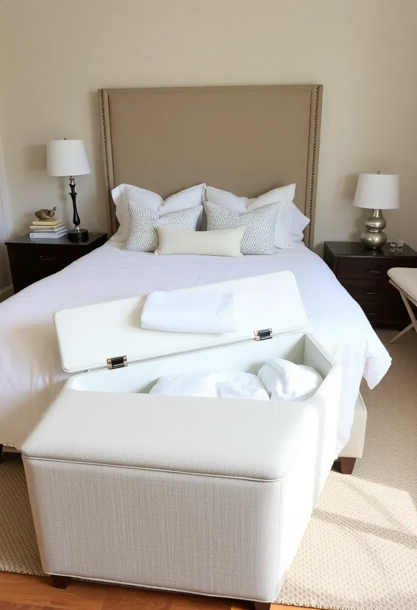 Long upholstered storage bench at foot of bed with hinged lid for diapers and non-slip changing pad on top in a rental master bedroom