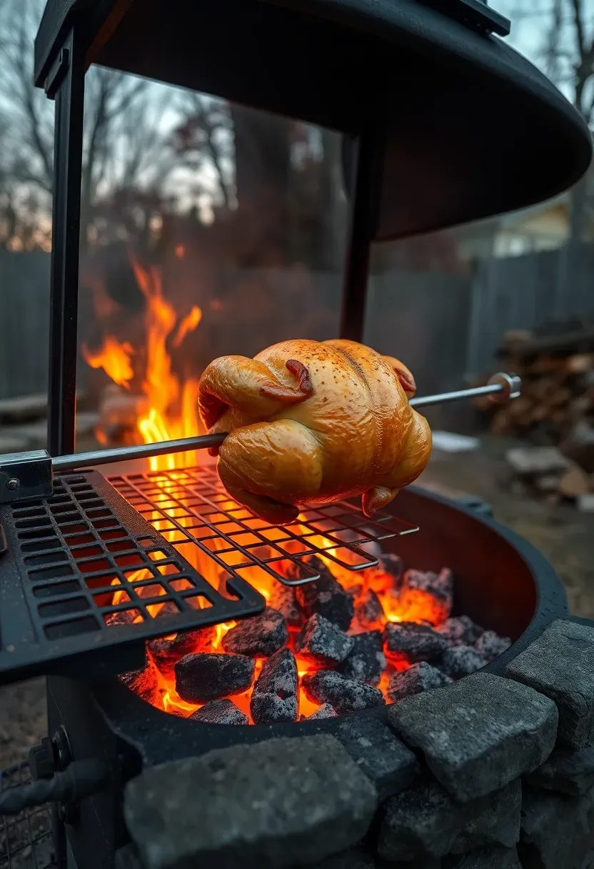 Open-flame wood-fired grill with a rotisserie spit turning a whole chicken over hardwood coals in a backyard