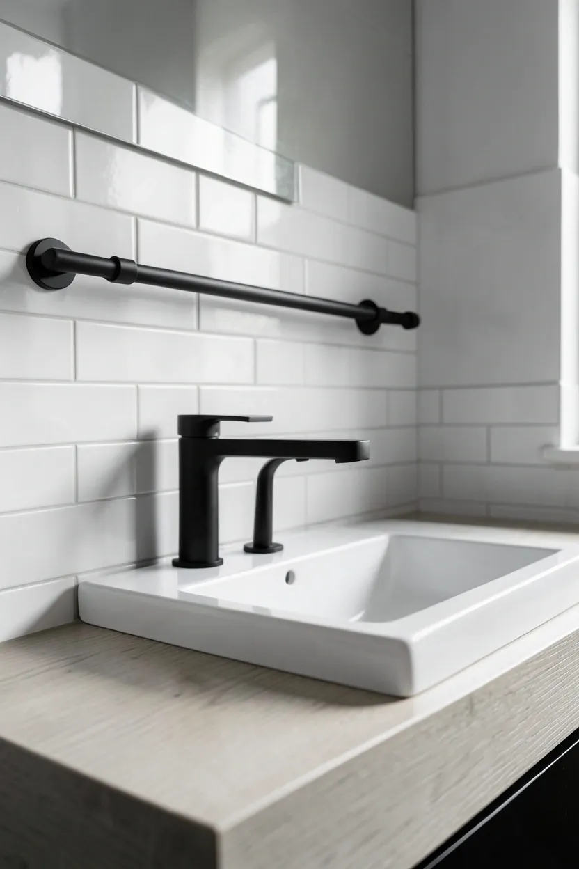 Matte black faucet and towel bar against white tile wall creating modern contrast in a small rental bathroom