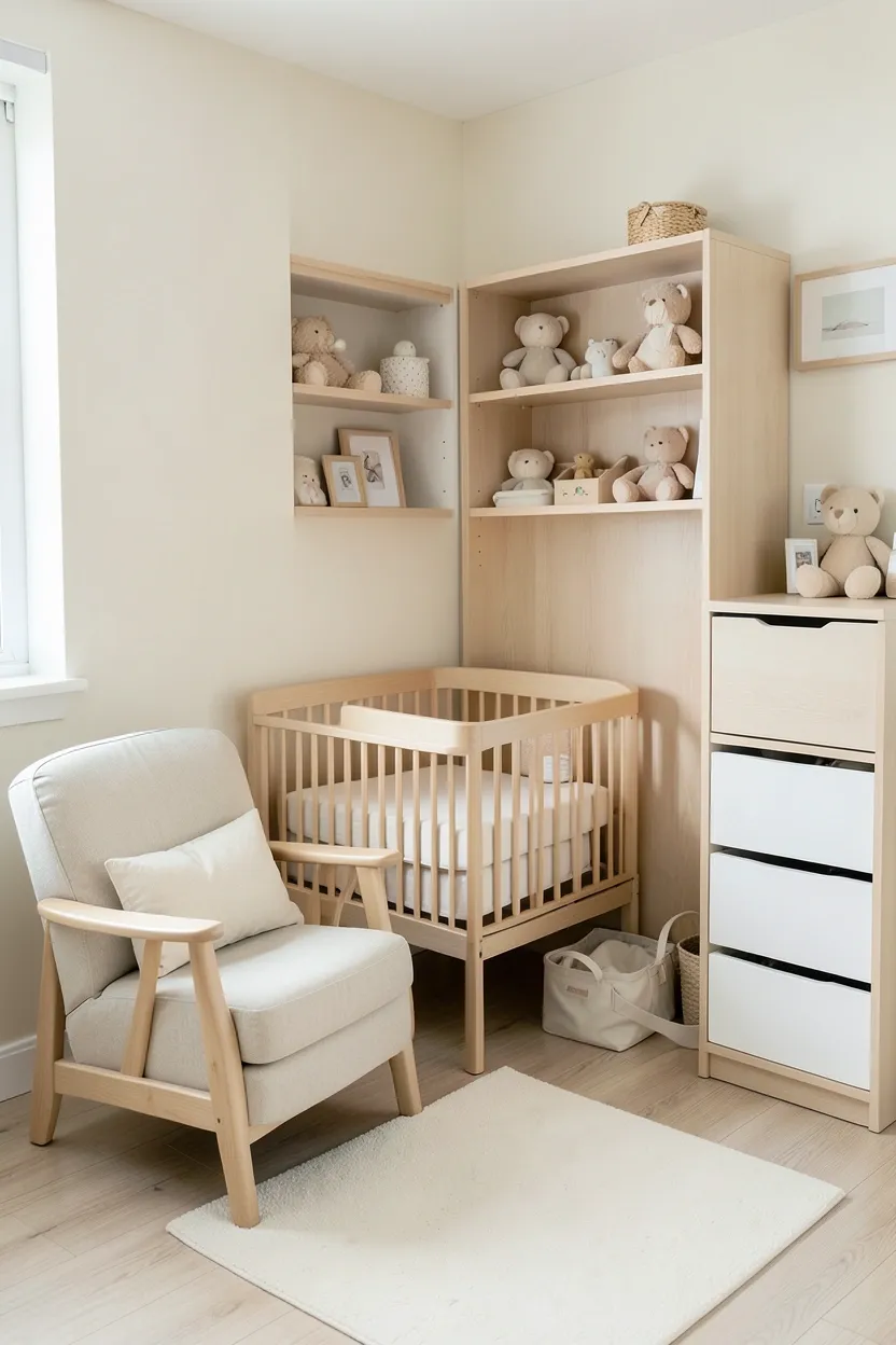 Ultimate all-in-one nursery corner station with bassinet, compact changing table, rocking chair, and vertical storage in a master bedroom