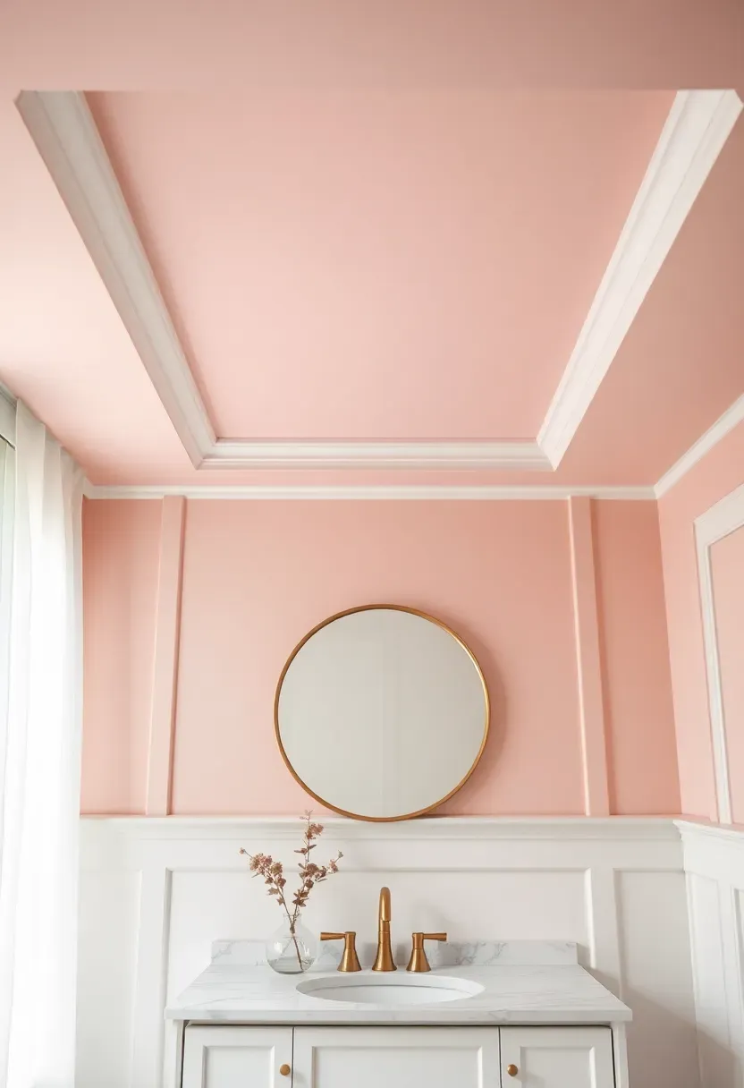 Tray ceiling in a bathroom painted soft blush pink in the recessed center with white molding frame