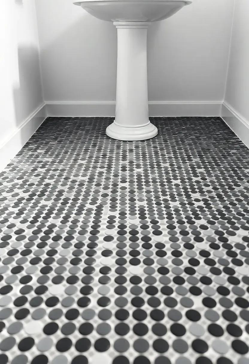 Matte black penny round mosaic tile bathroom floor with white grout creating a bold contrast in a minimalist bathroom