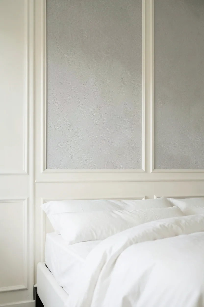 Textured plaster accent wall in warm cream behind a bed with neutral linen bedding in a serene bedroom