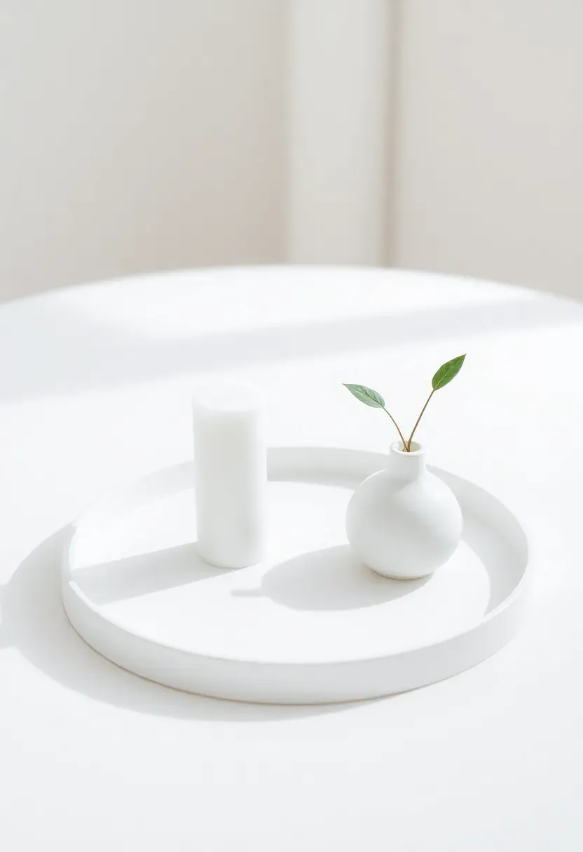 Collection of vintage glass perfume bottles arranged by height on a round antiqued mirrored tray on a bedroom vanity
